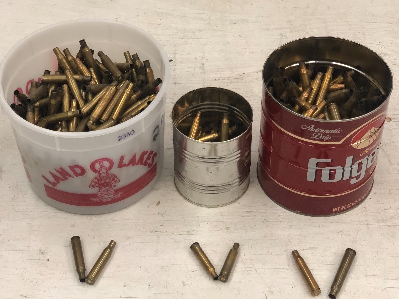 (2) Cans & (1) Pale Of Spent Rifle Casings