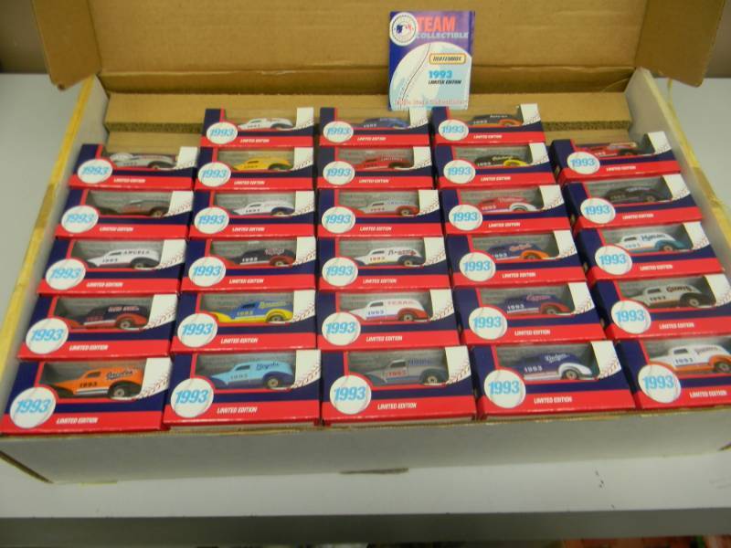 lot 12 image: VERY RARE COMPLETE SET OF 28 - 1993 BASEBALL TEAMS MATCHBOX TRUCKS WITH ACRYLIC DISPLAY CASE - NEVER OUT OF THE BOX - AWESOME COLLECTION - SEE PICTURES