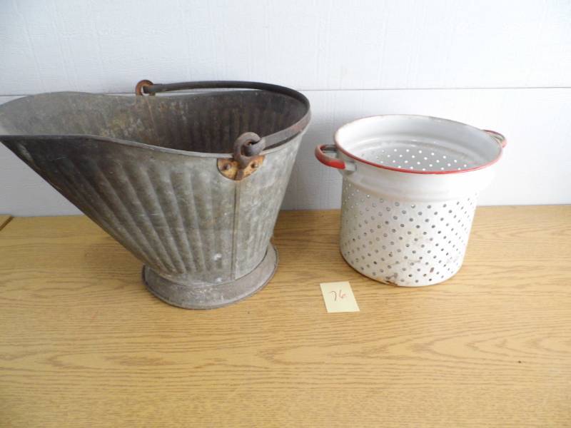 lot 76 image: Coal Bucket - Enamelware Strainer