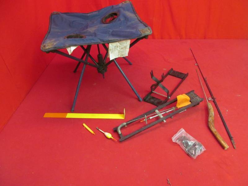 canvas chair, ice fishing equipment