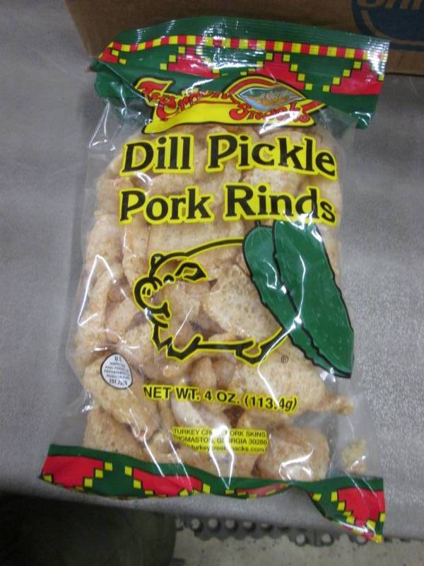 lot 263 image: 6- 4 oz Bags Dill Pickle Pork Rinds...