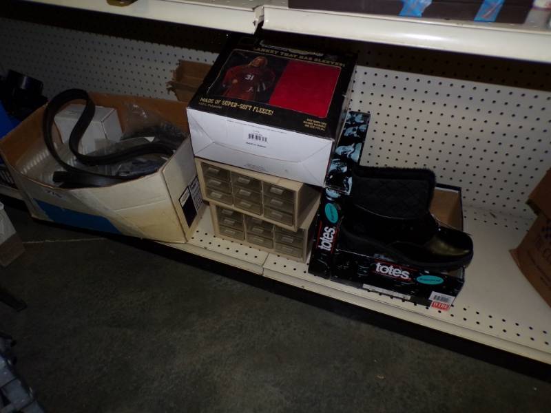 lot 27 image: Boots, Parts bins, Commercial parts and belts with Snuggle blanket