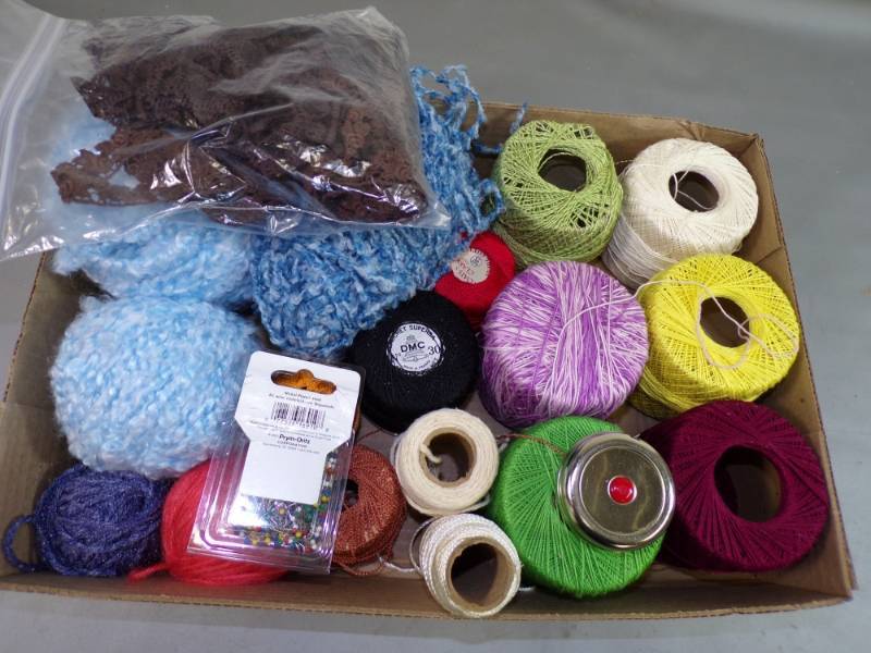 lot 64 image: Flat of Yarn, crochet thread, Pins, and tape measure