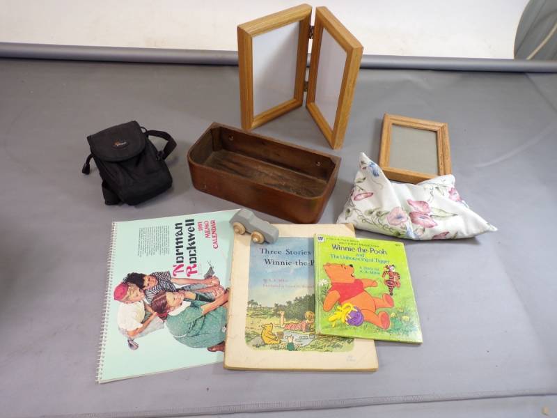 lot 79 image: Wood Box, Picture frames, Camera case, Pooh books etc