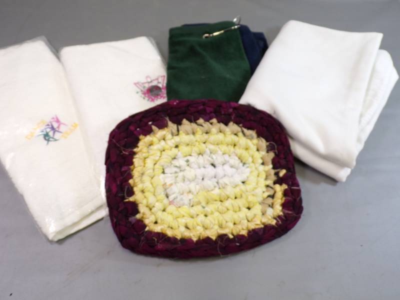 lot 107 image: Golf Towels, Tablecloth, embroidered towels and doilie