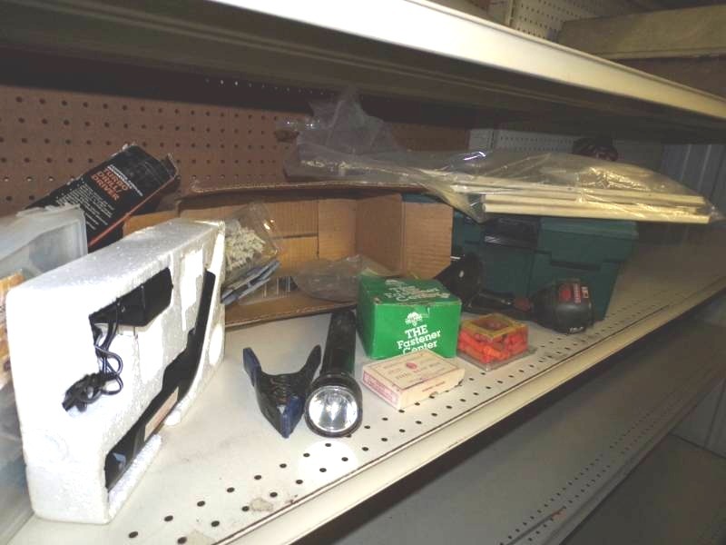 lot 157 image: Assorted lot with Drawer Hardware, flashlight, tool box and more