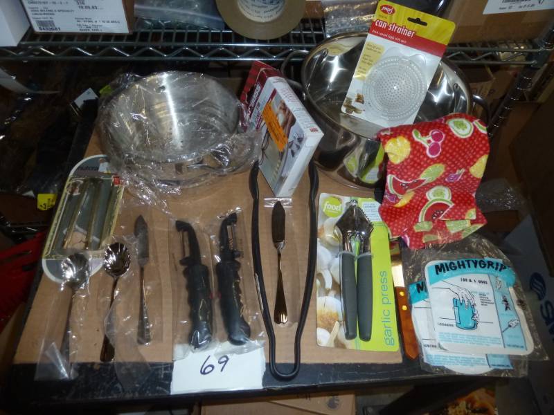 lot 69 image: kitchen lot of utensils, large kett...