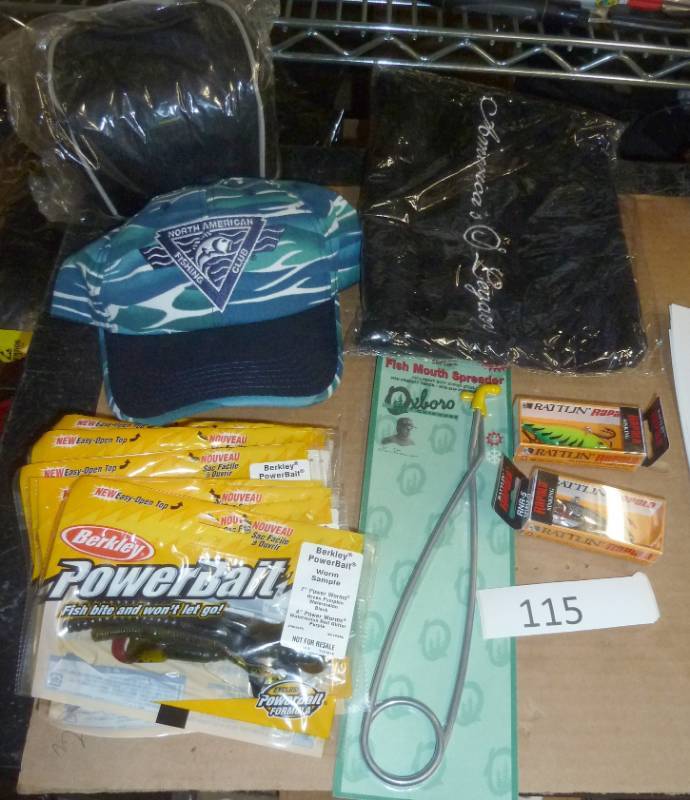 lot 115 image: fishing lot, hat, towel, bait, mout...