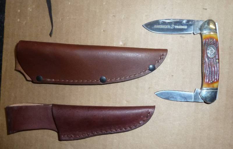 lot 167 image: 2 new leather knife sheaths and bon...