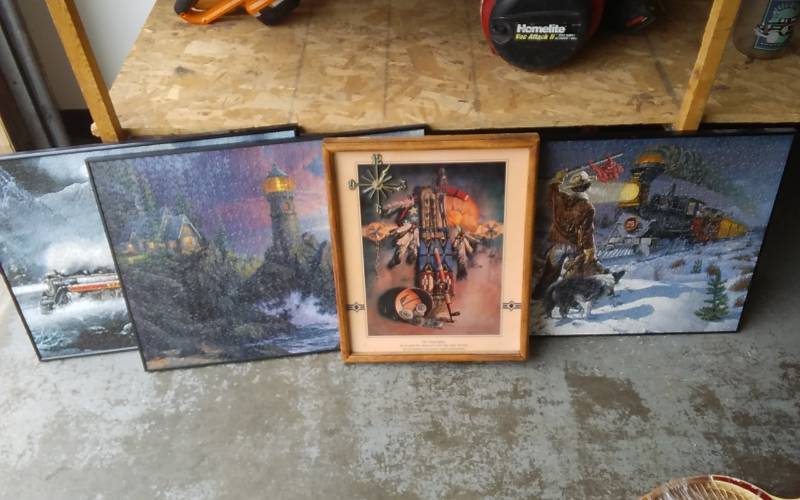 lot 14 image: Framed Native American Clock Print, 3-Framed Puzzles
