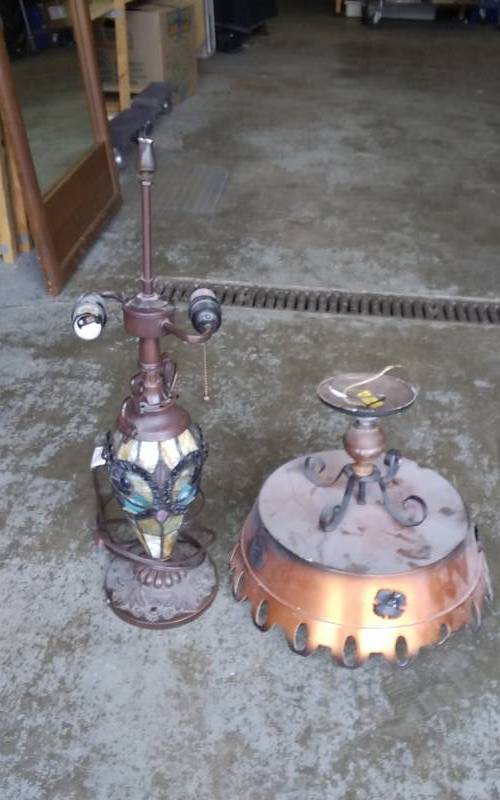 lot 16 image: Copper Light Fixture, Stain Glass Look Lamp