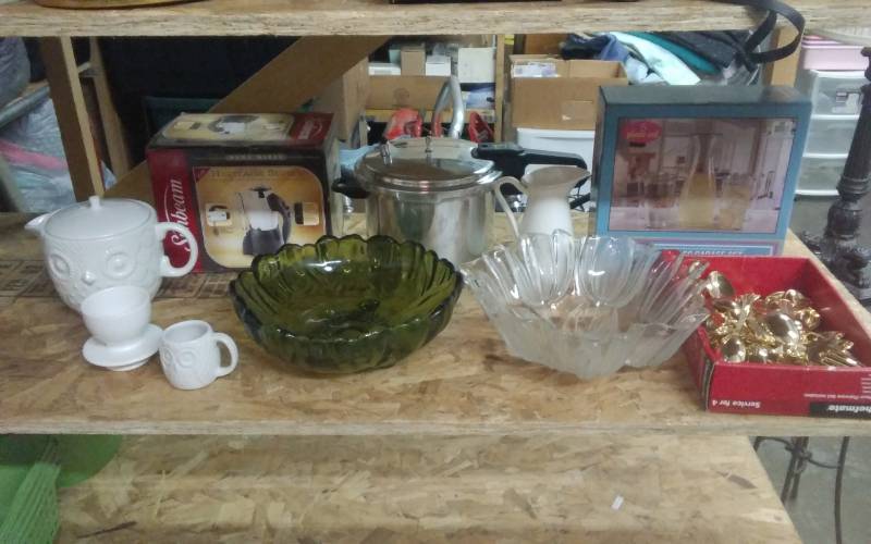 lot 35 image: Owl Tea Pot, Large Glass Bowls, Gold Tone Flatware, 5-Piece Caraf Set, Mixer, More.