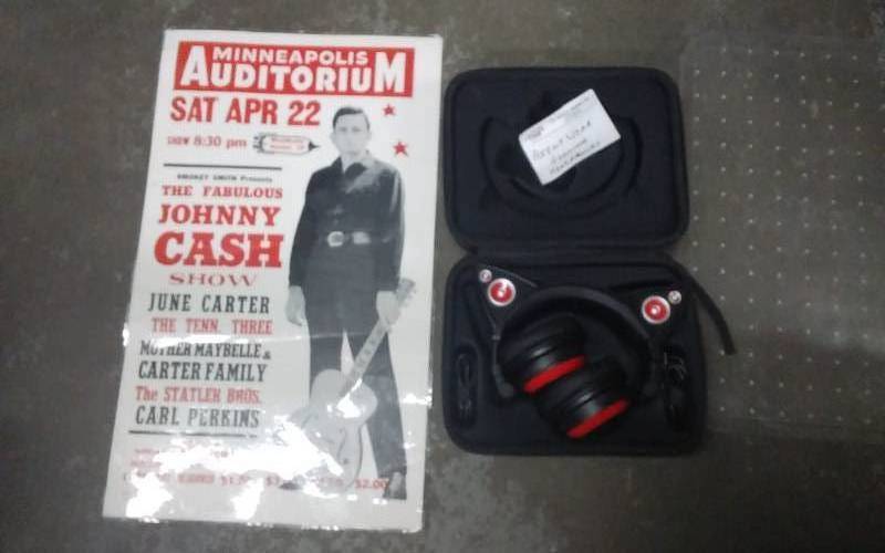 lot 42 image: Johnny Cash Poster, Axent Wear Glowing Head Phones