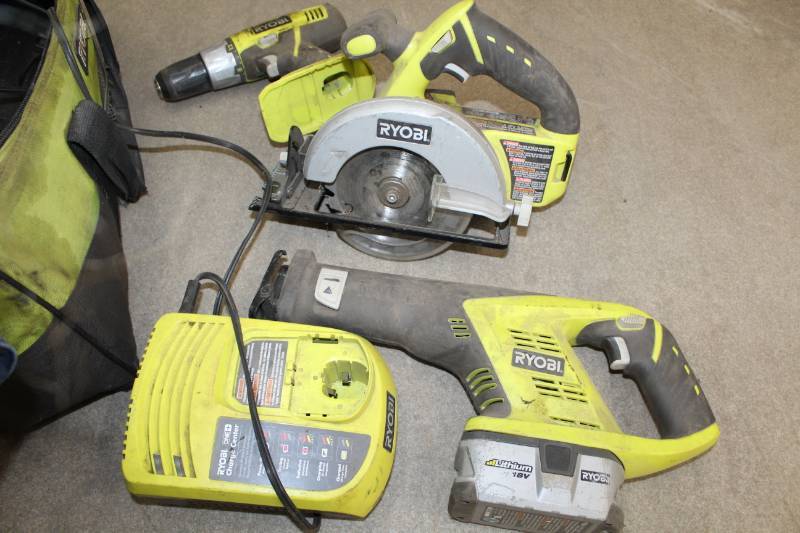 lot 179 image: Ryobi 18V Cordless Drill, Circular Saw, Sawzall, Battery, Charger