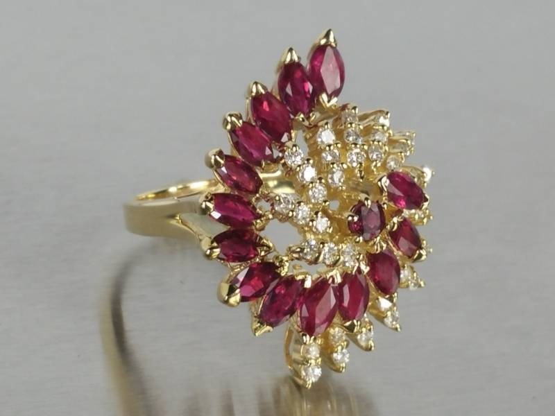 lot 6 image: Natural Ruby and Diamond Swirl Estate Ring in 14kt Yellow Gold