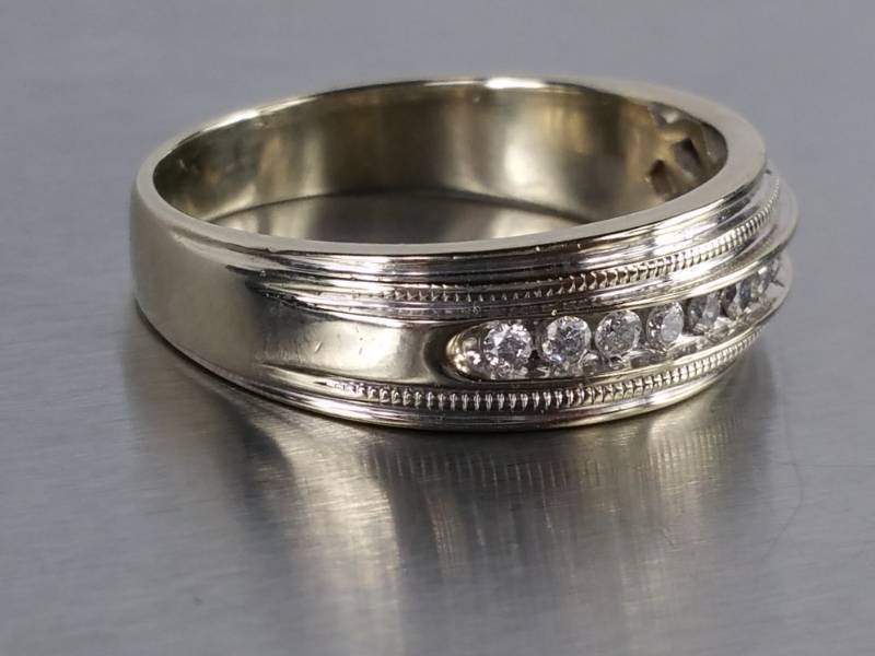 lot 13 image: Mens Milgrain Diamond Channel Set Wedding Ring in 14k White Gold
