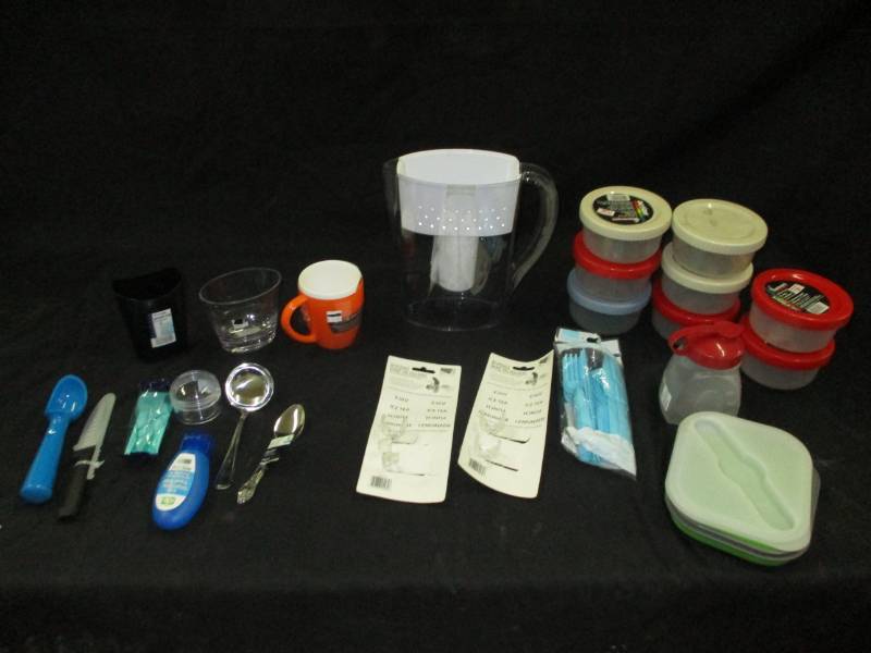 plastic containers with covers, cuops, silverware and more