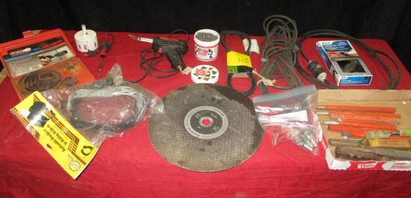 Large whole saw kit, soldering iron, 14 cut off wheel, punches and chisels, cords, john deere belt,