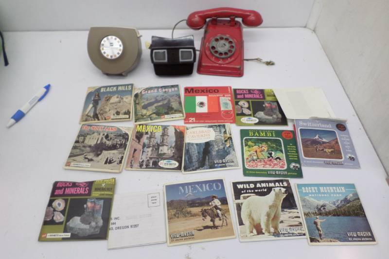 2 View Masters and Slides, Tin Telephone Toy