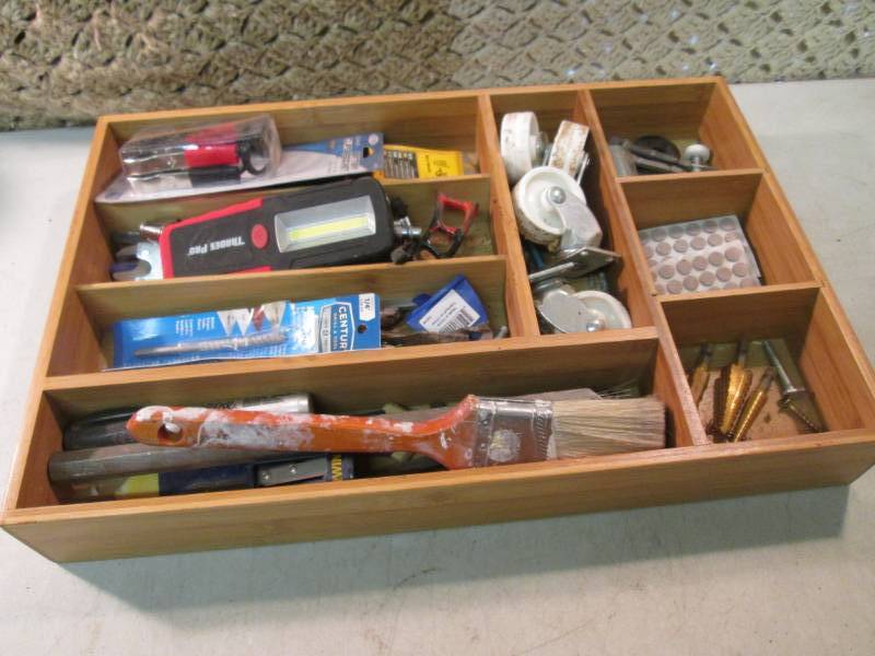 lot 13 image: Wood Organizer Tray Full of Misc Se...