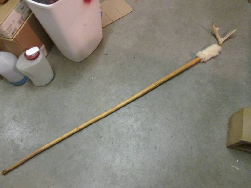 lot 198 image: 6 ft Wood Staff with Antler and Fur...