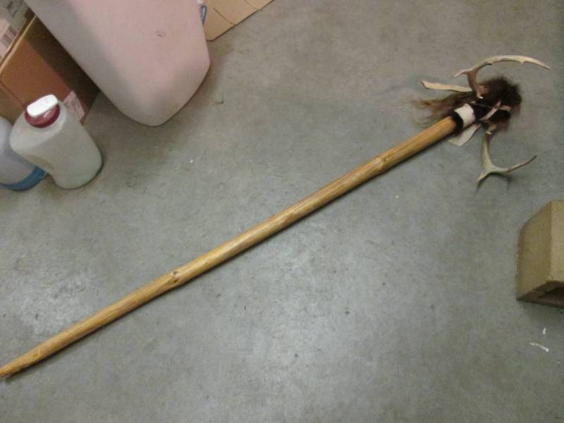 lot 199 image: 64 Wood Staff with Antlers Fur Hai...