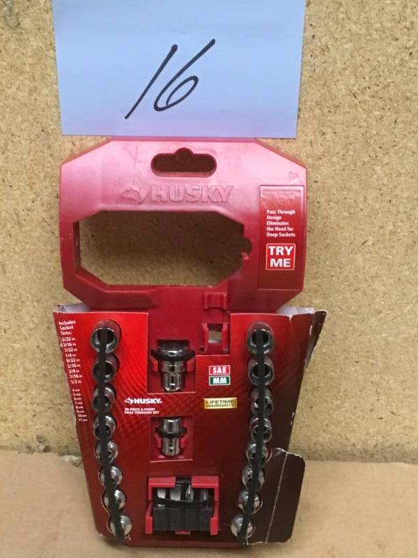 lot 16 image: Husky 14 in. Drive 6-Point Pass Thru Ratchet and Socket Set (30-Piece) MISSING PCS in like good condition