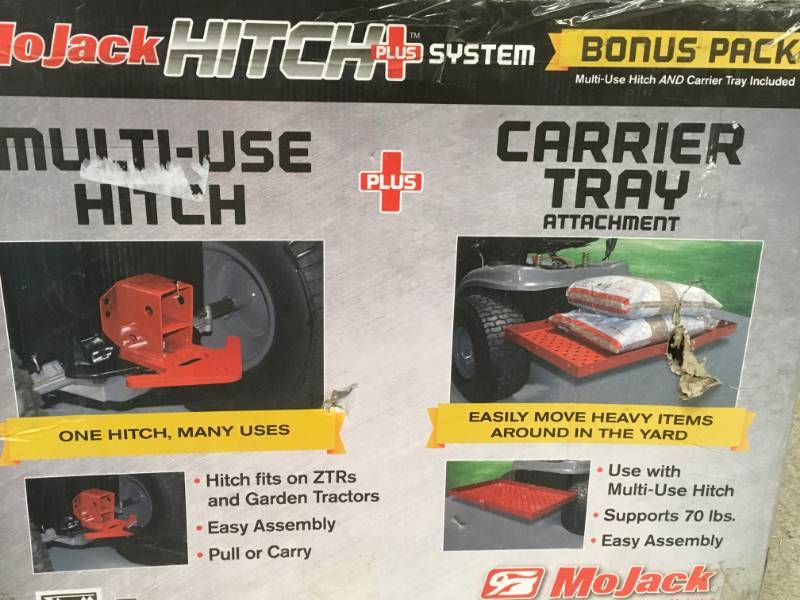 lot 30 image: MoJack Hitch Plus 3 in. Multi-Use Hitch Attachment and 31 in. Carrier Tray Combo in good condition