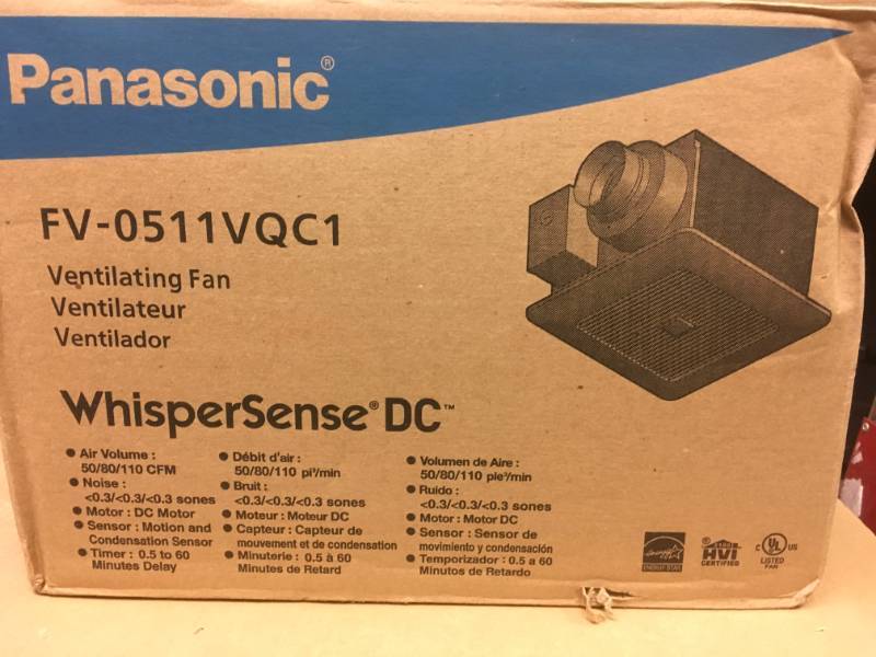 lot 77 image: Panasonic WhisperSense DC Fan with Motion and Humidity Sensors Delay Timer and Pick-A-Flow Speed Selector 50, 80 or 110 CFM in good condition