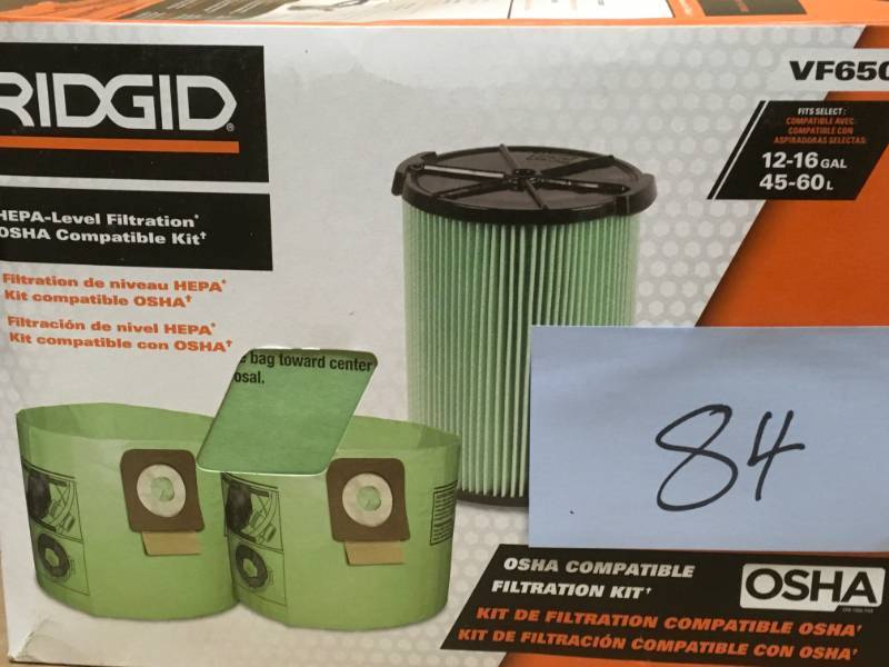 lot 84 image: RIDGID OSHA Compatible Kit with (1) HEPA-Media Filter and (2) Cyclonic Pre-Separator Dust Bags for select RIDGID WetDry Vacs in good condition