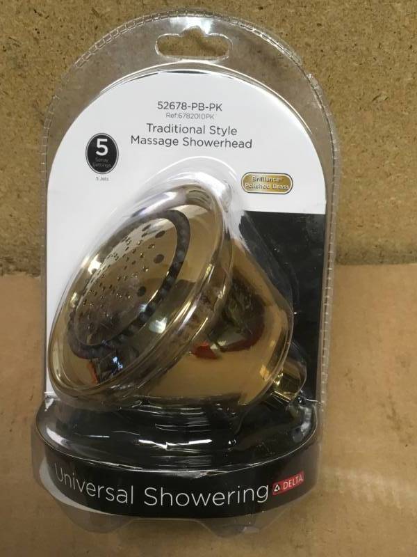 lot 85 image: Delta Touch-Clean 5-Spray 3 12 in. Fixed Shower Head in Polished Brass in good condition