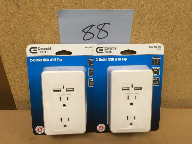 lot 88 image: Commercial Electric 4.2 Amp 2-Outlet 2-USB Wall Tap Power Station, White QTY 2 not used