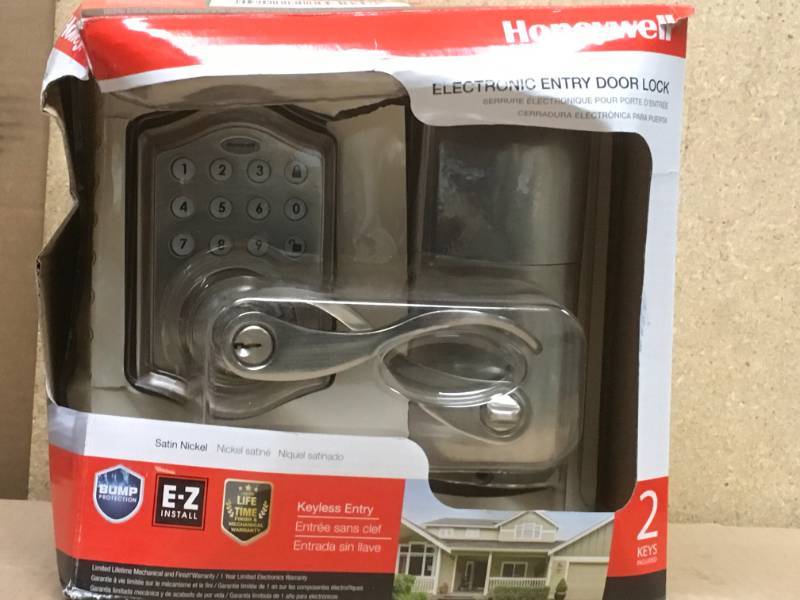 lot 99 image: Honeywell Satin Nickel Keypad Electronic Door Lever Entry Lock with Alarm in good condition