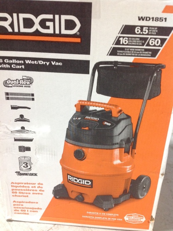 lot 103 image: Ridgid 16 Gal. 6.5-Peak HP WetDry Vacuum in very good condition