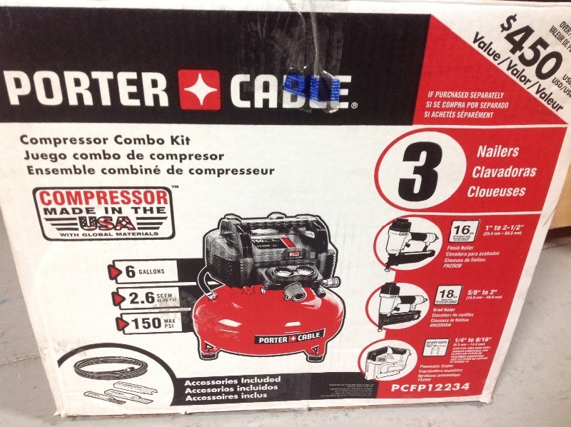 lot 108 image: Porter-Cable 6 Gal. 150 PSI Portable Electric Air Compressor, 16-Gauge Nailer, 18-Gauge Nailer and 38 in. Stapler Combo Kit (3-Tool) not used