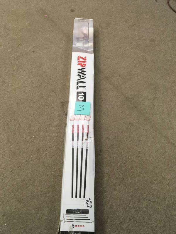 lot 3 image: ZipWall ZP4 Contains 4 10 ft. Steel Spring Loaded Poles 4-Heads, 4-Plates, 4-Tethers, 4-Grip Disks, 2-Zippers and 1-Carry Bag MISSING PC in good condition
