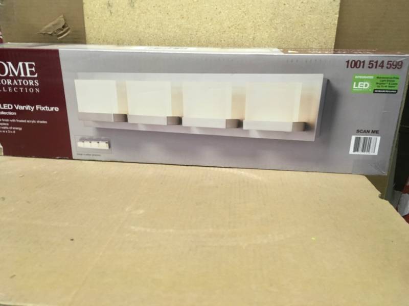 lot 8 image: Home Decorators Collection Alberson Collection 4-Light Brushed Nickel LED Vanity Light with Frosted Acrylic Shade in good condition