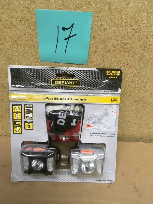 lot 17 image: Defiant 80 Lumen LED Headlight (3-Pack) in good condition