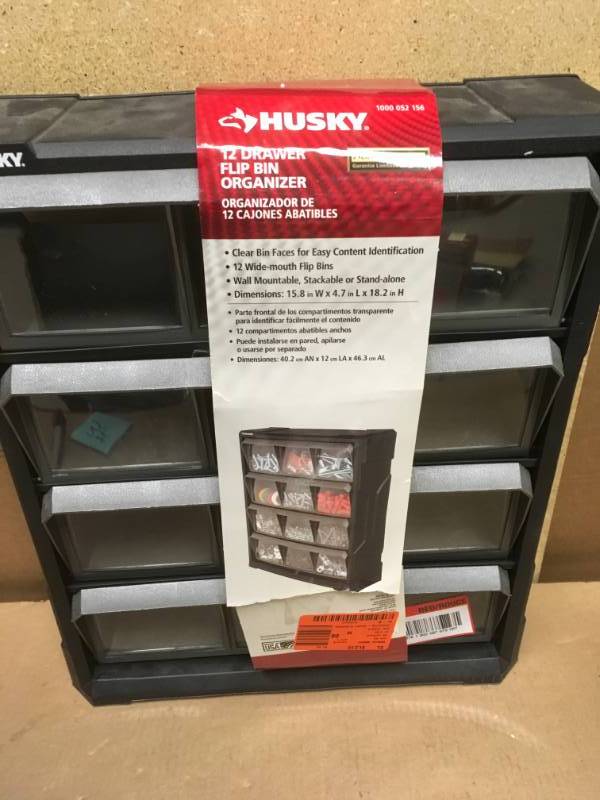 lot 37 image: Husky 12-Compartment Small Parts Bin Organizer not used