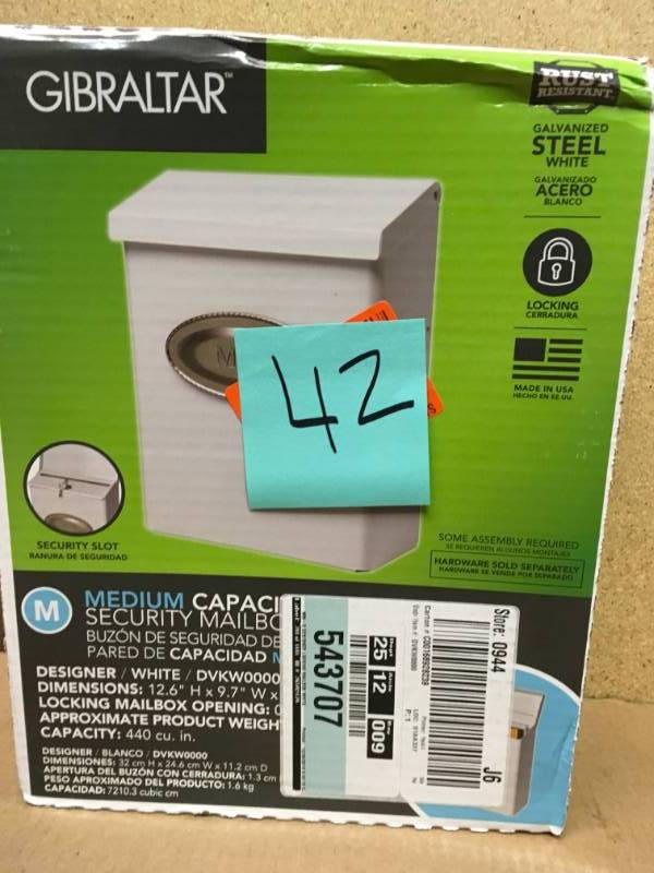 lot 42 image: Gibraltar Mailboxes Designer White Satin Nickel Decorative Emblem Vertical Wall-Mount Locking Mailbox in good condition