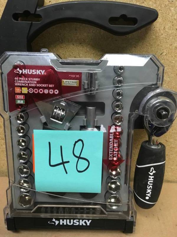 lot 48 image: Husky 14 in. and 38 in. Stubby Ratchet and Socket Set (46-Piece) in good condition