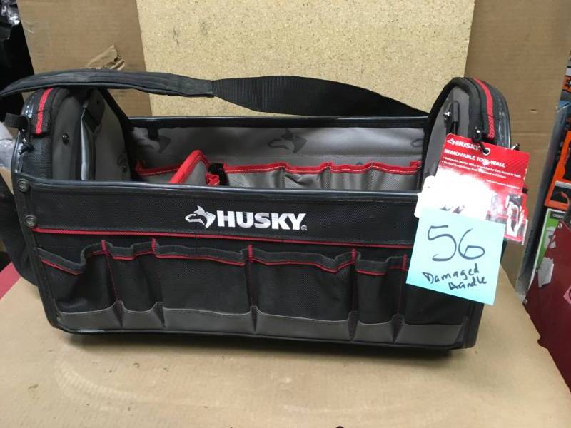 lot 56 image: Husky 20 in. Pro Tool Tote with Removable Tool Wall Damged Handle in good condition