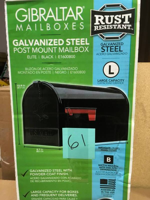 lot 61 image: Gibraltar Mailboxes Elite Large Galvanized Steel Post-Mount Mailbox in Black in good condition