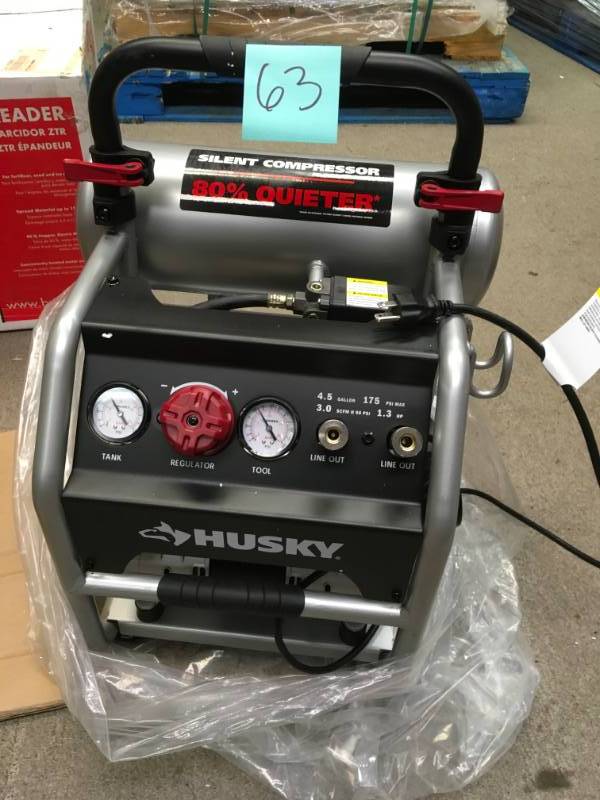 lot 63 image: Husky 4.5 Gal. Portable Electric-Powered Silent Air Compressor in good condition