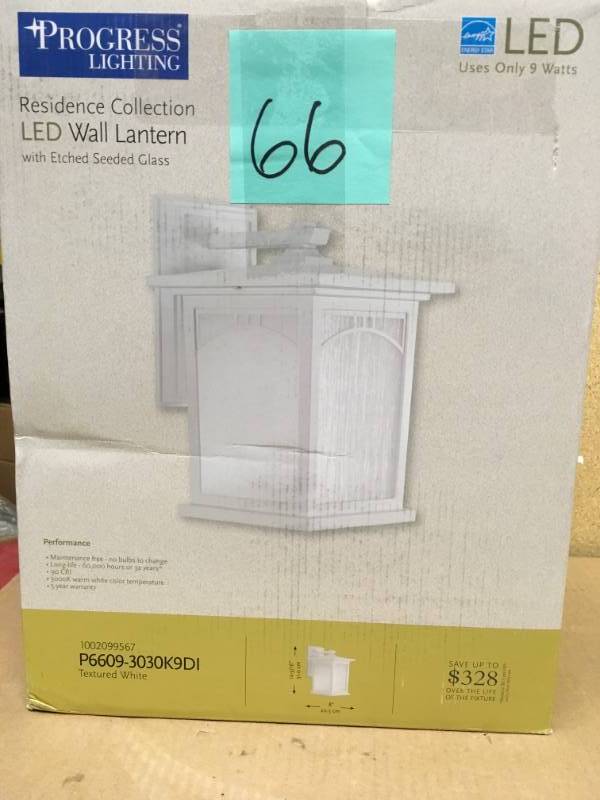 lot 66 image: Progress Lighting Residence Collection 1-Light 12.2 in. Outdoor Textured White LED Wall Lantern not used