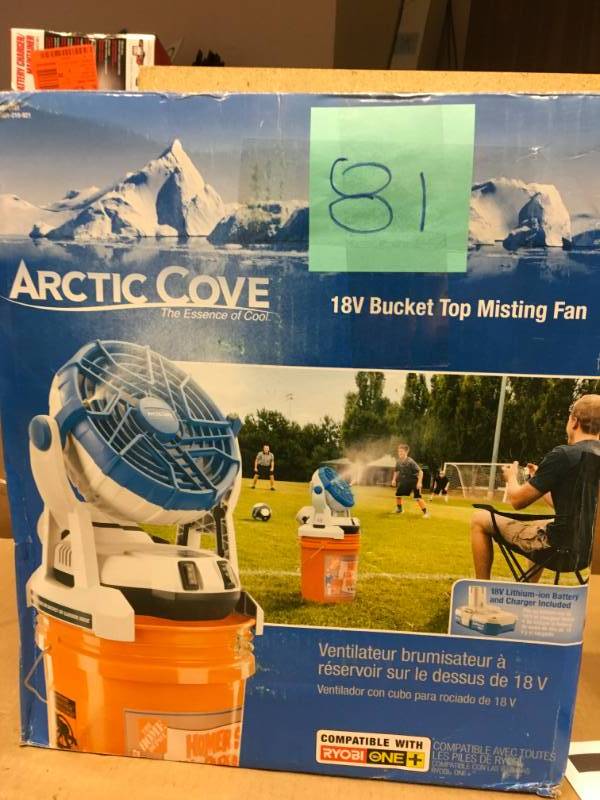 lot 81 image: Arctic Cove 18-Volt Two Speed Misting Bucket Top Fan in good condition
