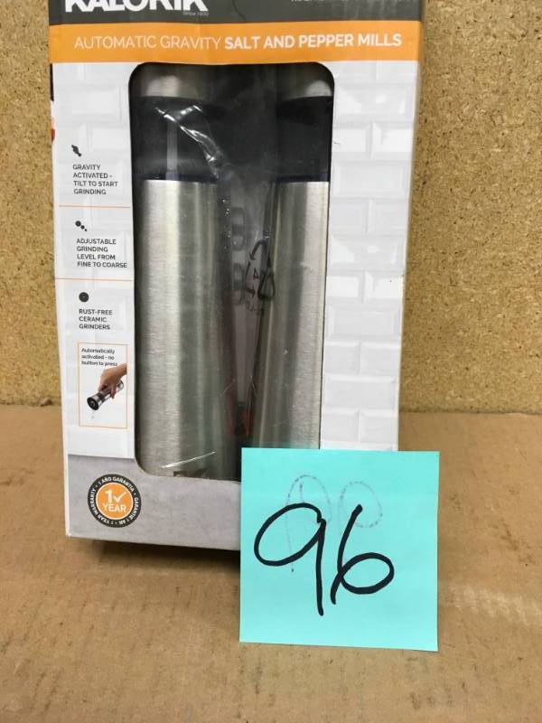 lot 96 image: KALORIK Easygrind Electric Gravity Salt and Pepper Grinder Set in Stainless Steel in good condition