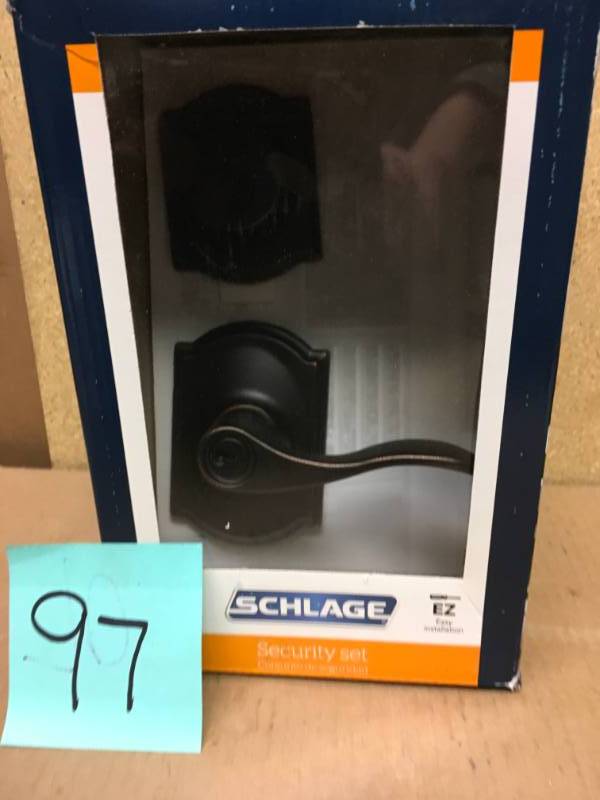lot 97 image: Schlage Camelot Aged Bronze Single Cylinder Deadbolt with Accent Entry Door Lever Combo Pack in good condition