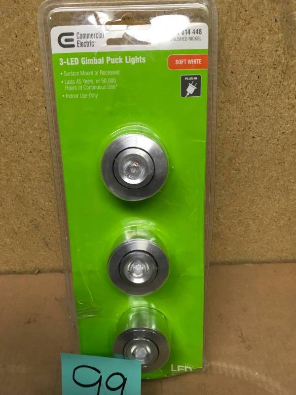 lot 99 image: Commercial Electric LED Brushed Nickel Under Cabinet Mini Puck Light A6 in good condition