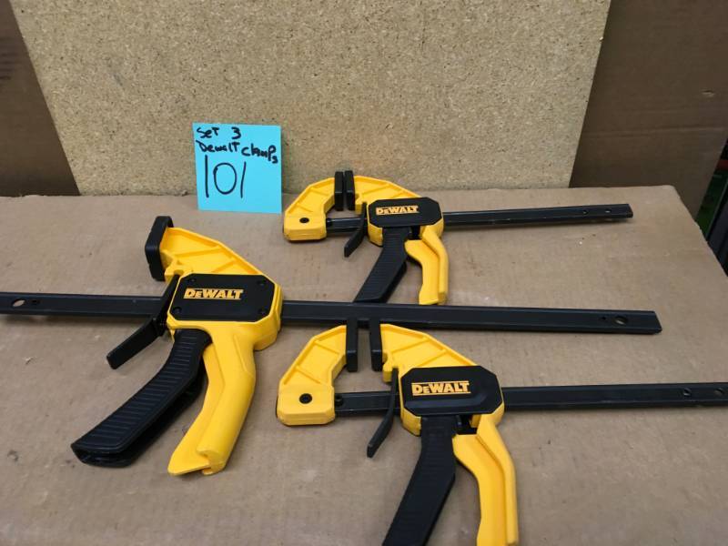 lot 101 image: DEWALT 12 in. BAR Clamps 2.5 in. Throat Depth QTY 3 not used